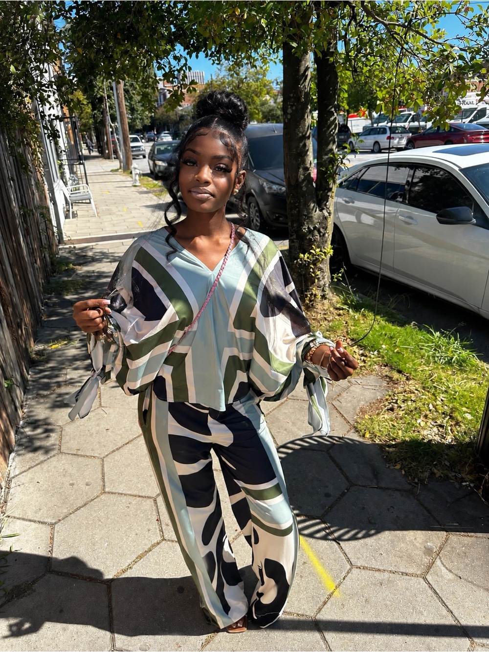 Women’s Abstract Print Wide-Leg Jumpsuit - Green Multi - Picture 1 of 2